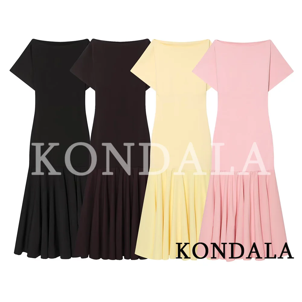 KONDALA Vintage Boat Collar Long Dress Women's Elegant Casual Splicing Pleated Dress New 2026 Spring Summer Fashion Slim Dress