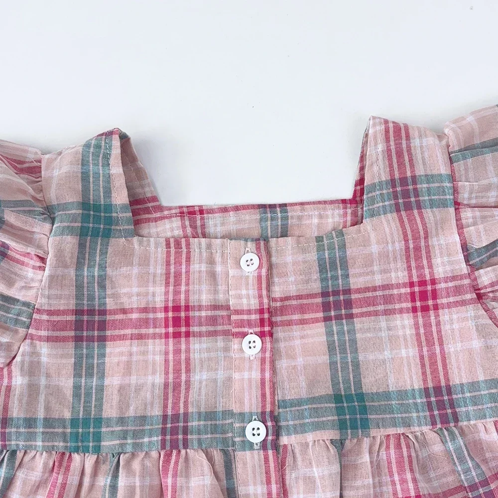 Summer Sweet and Casual 3-10-year-old Girls and Teenagers Pink Suit Square Collar Checkered Top+Wide Leg Pants Two Piece Set