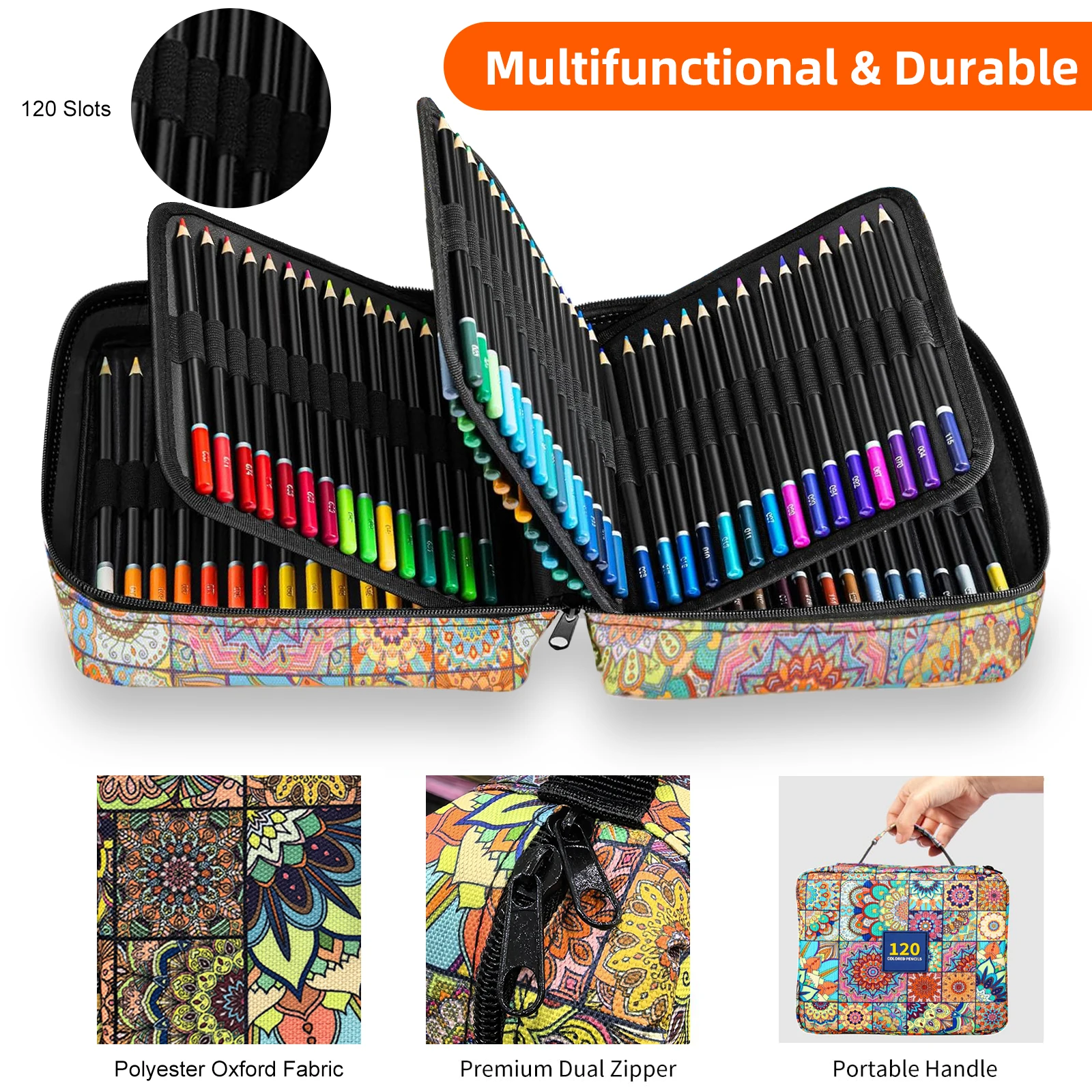 1pc Colored Pencil Box 50/72/120 Slots,Large Capacity Pen Lead Box,Gel Pen Storage Bag Zipper Portable,for Adults,Painters