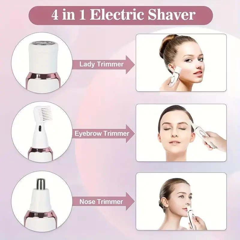 4-in-1 Rechargeable Electric Lady Shaver Set - 500mAh Portable Wet/Dry Trimmer for Face, Nose, Legs & Underarms