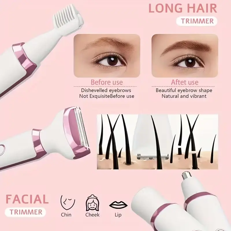 4-in-1 Rechargeable Electric Lady Shaver Set - 500mAh Portable Wet/Dry Trimmer for Face, Nose, Legs & Underarms
