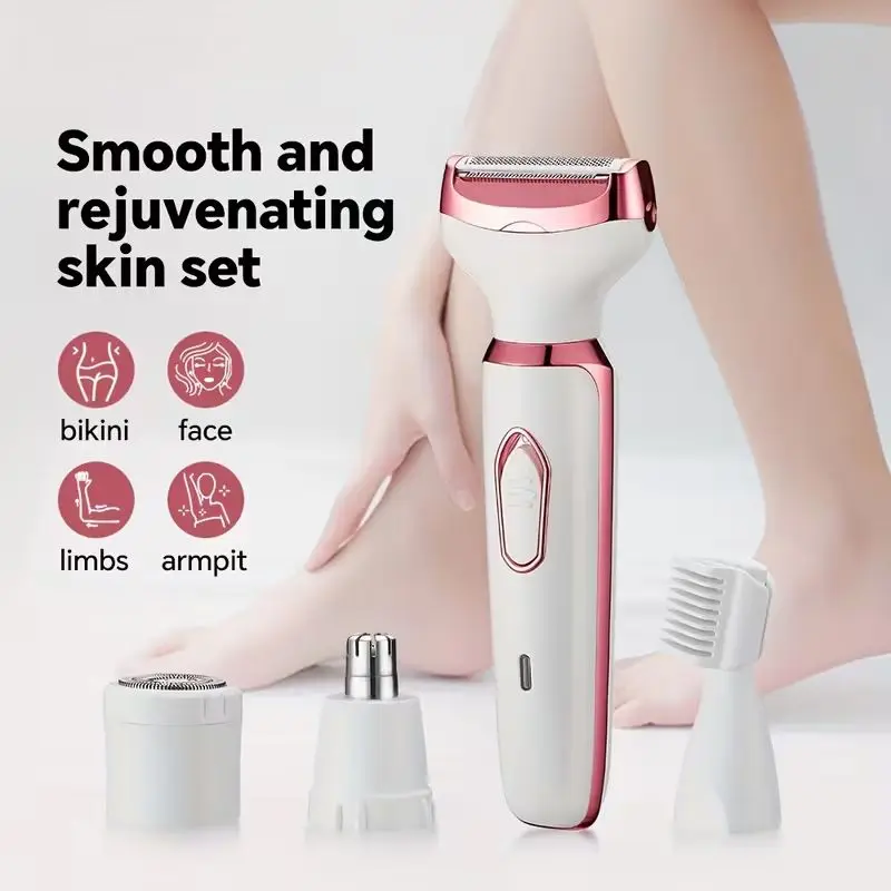 4-in-1 Rechargeable Electric Lady Shaver Set - 500mAh Portable Wet/Dry Trimmer for Face, Nose, Legs & Underarms