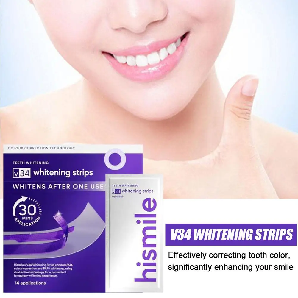 V34 Purple Teeth Whitening Strips Remove Plaque Stains Brighten Teeth Reduce Sensitivity 30 Mins Quick Dental Oral Care Stickers
