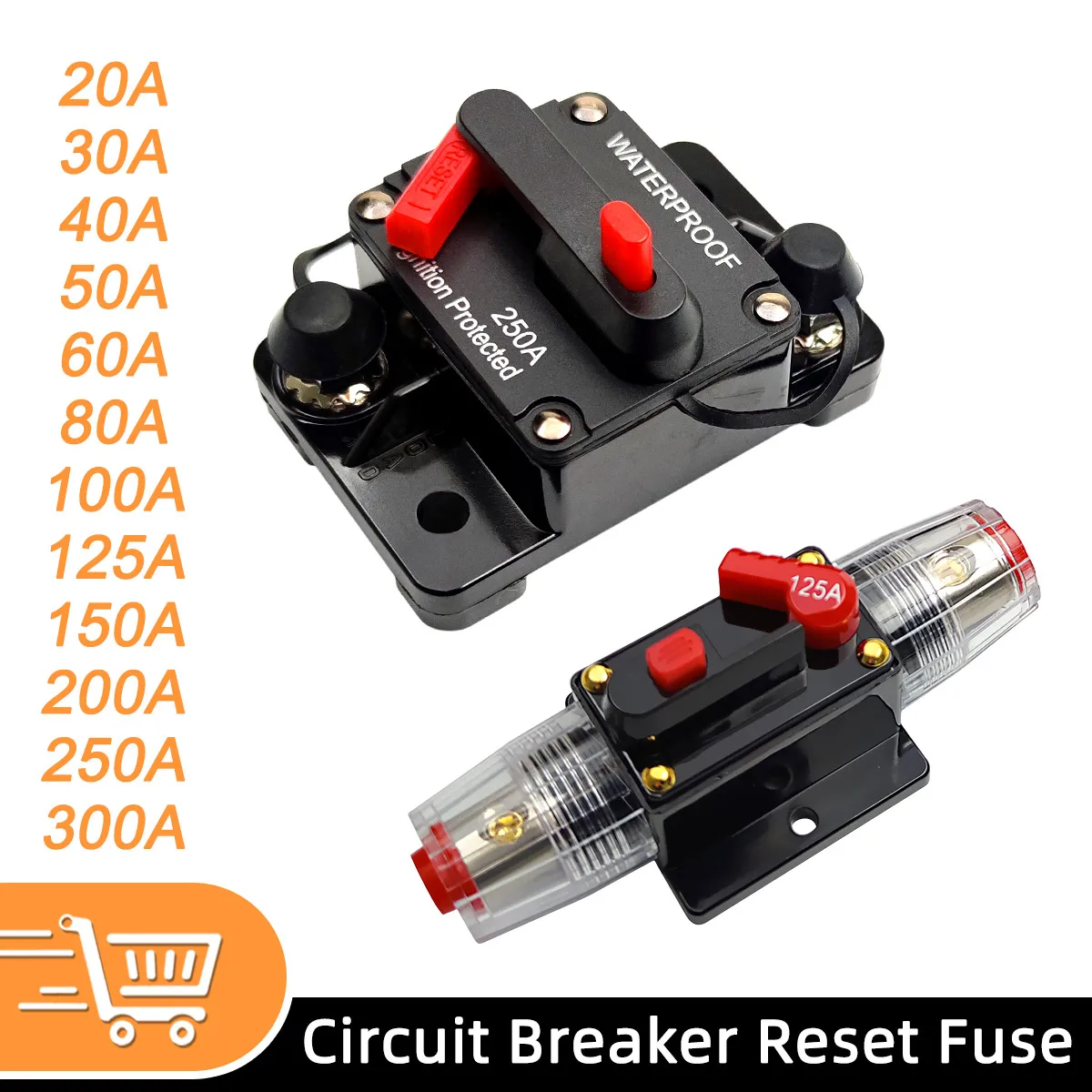 20-300 Ampere Car Audio System Manual Reset Waterproof Marine Circuit Breaker Reset Fuse 12V-48V DC Waterproof Circuit Breaker