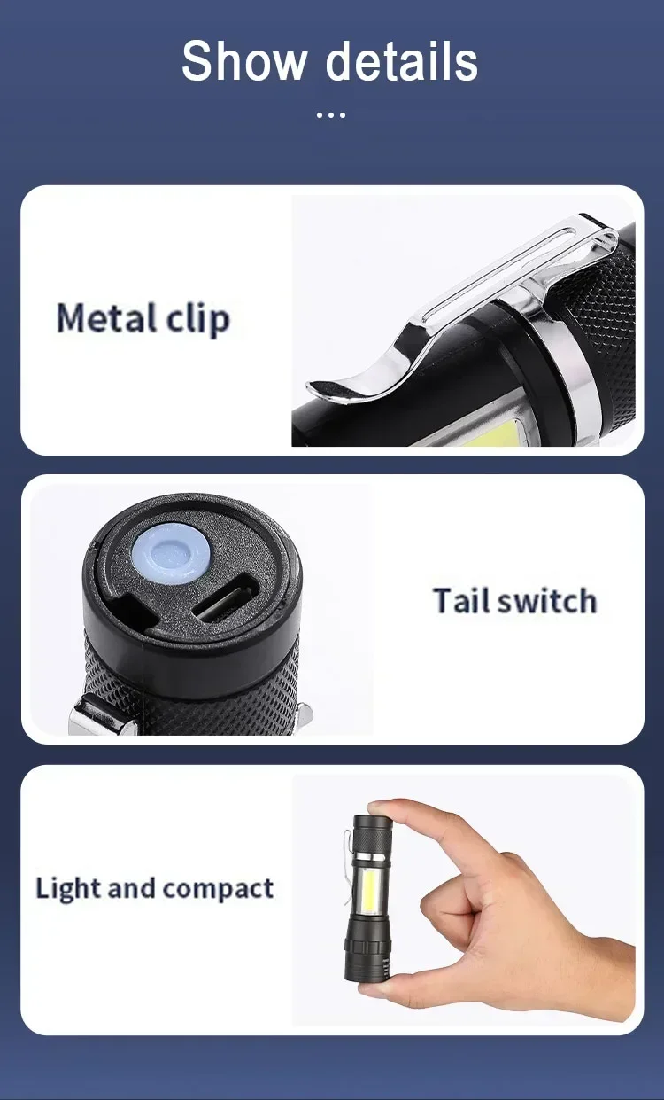 COB+XPE Mini Portable Flashlight Zoomable Small Torch USB Rechargeable Outdoor Camping Fishing Long Range Emergency Lantern