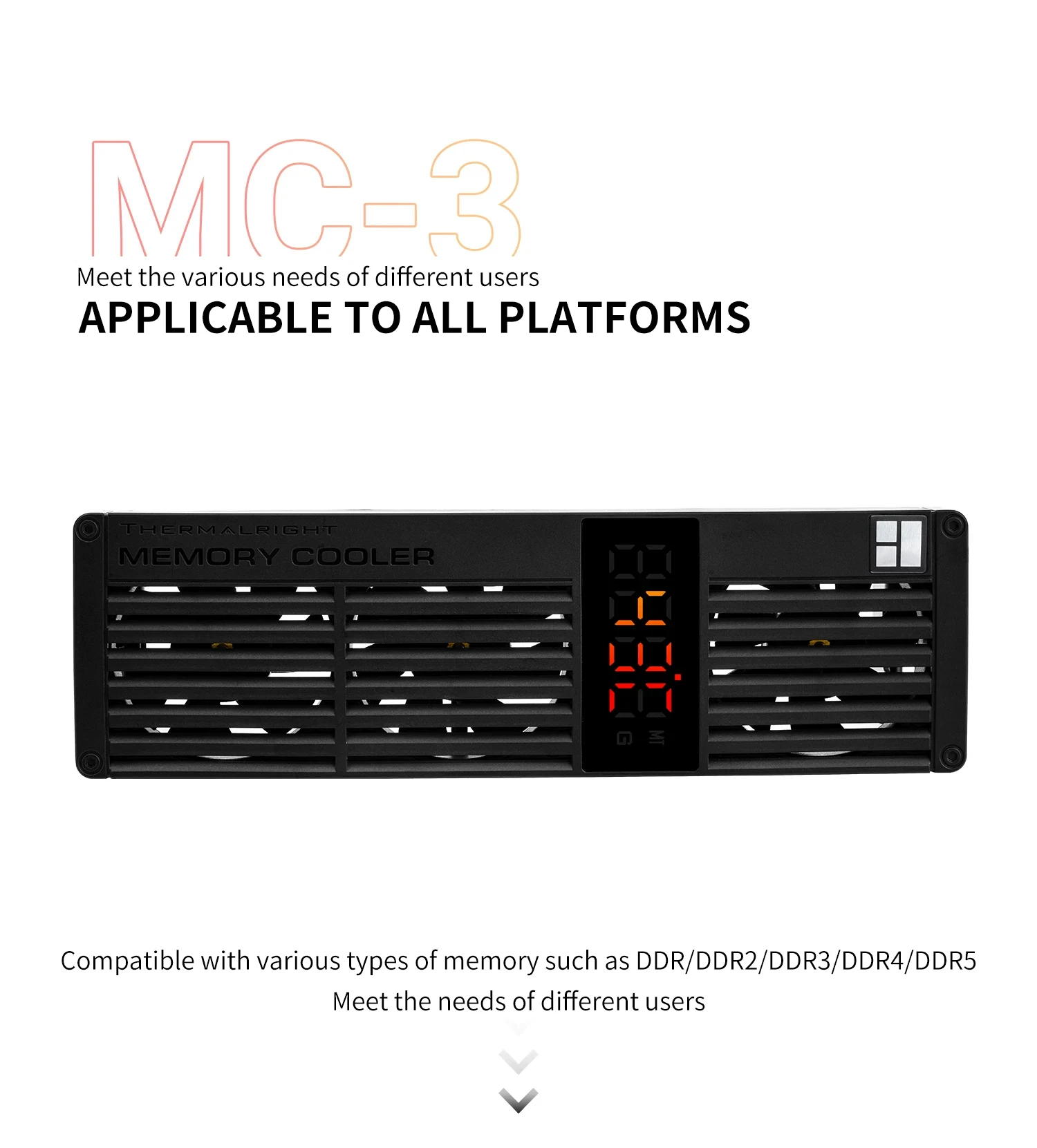 Thermalright MC-3 DIGITAL BLACK Digital Display Screen Memory Heatsink, Suitable for DDR/DDR2/DDR3/DDR4/DDR5, 40x40x10mm Fan X3