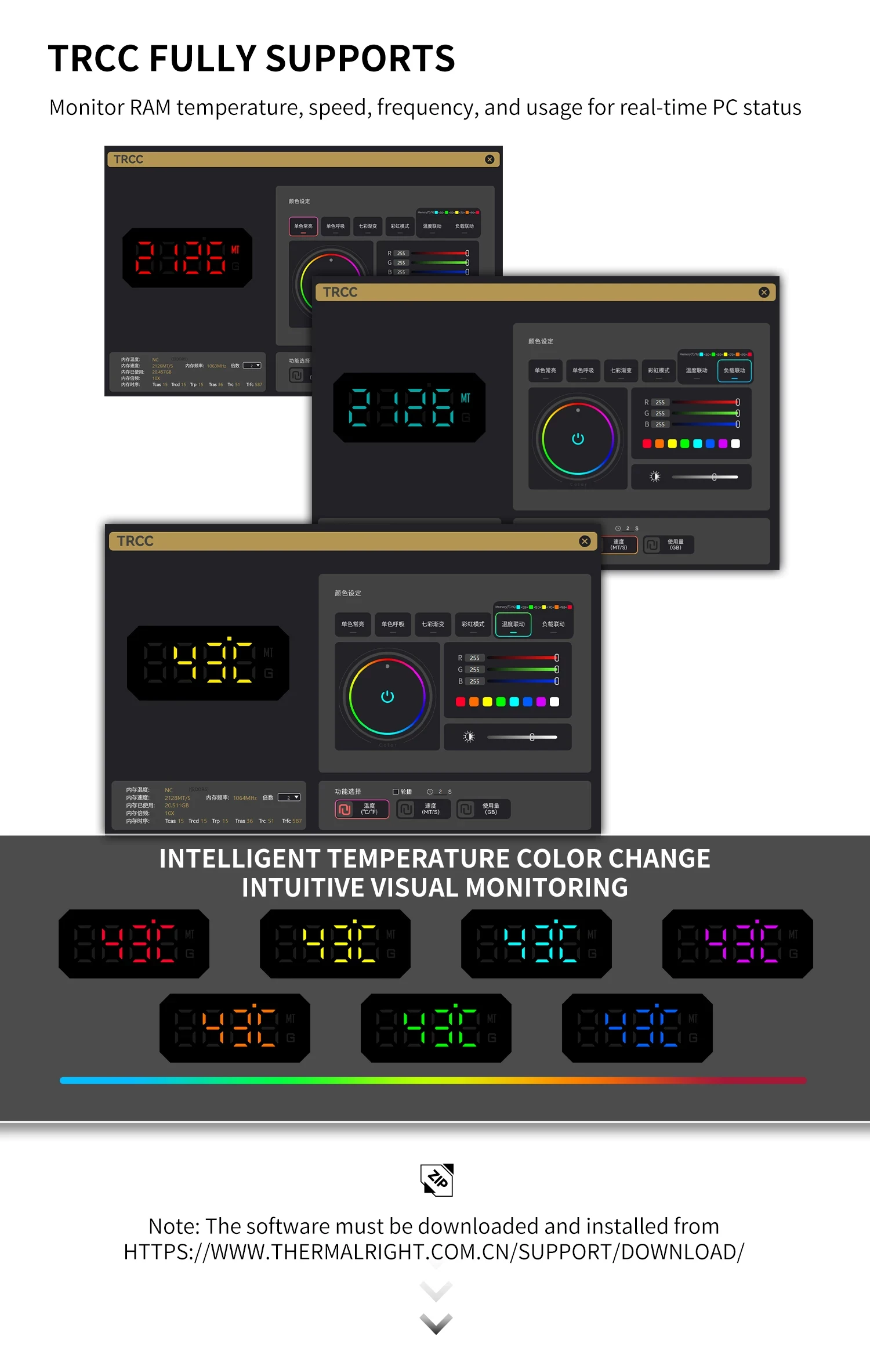 Thermalright MC-3 DIGITAL BLACK Digital Display Screen Memory Heatsink, Suitable for DDR/DDR2/DDR3/DDR4/DDR5, 40x40x10mm Fan X3