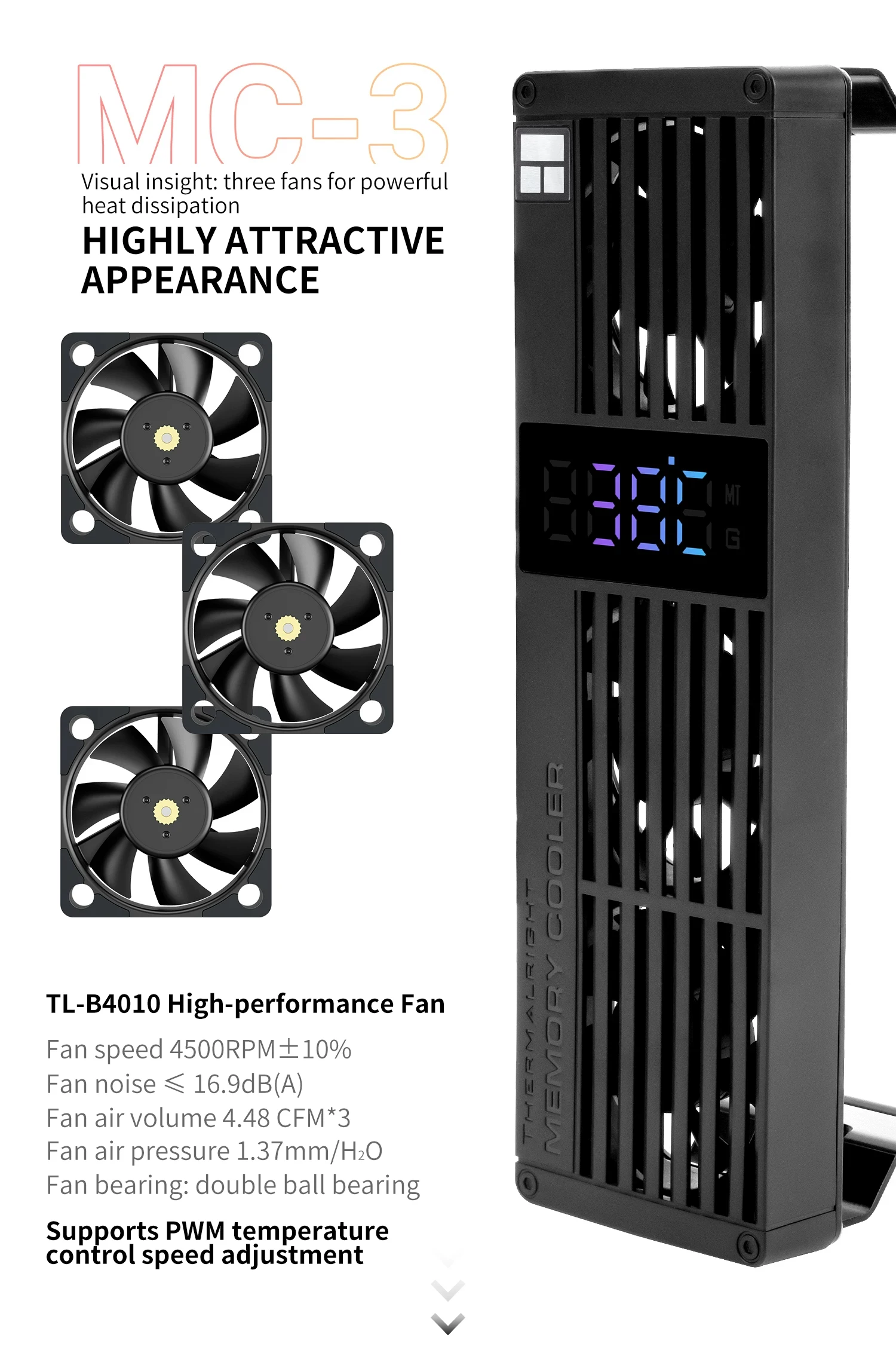 Thermalright MC-3 DIGITAL BLACK Digital Display Screen Memory Heatsink, Suitable for DDR/DDR2/DDR3/DDR4/DDR5, 40x40x10mm Fan X3