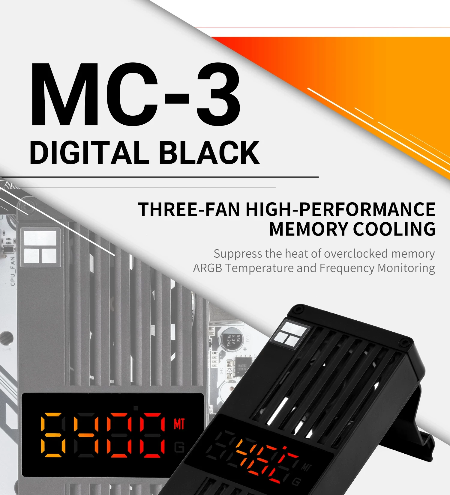 Thermalright MC-3 DIGITAL BLACK Digital Display Screen Memory Heatsink, Suitable for DDR/DDR2/DDR3/DDR4/DDR5, 40x40x10mm Fan X3