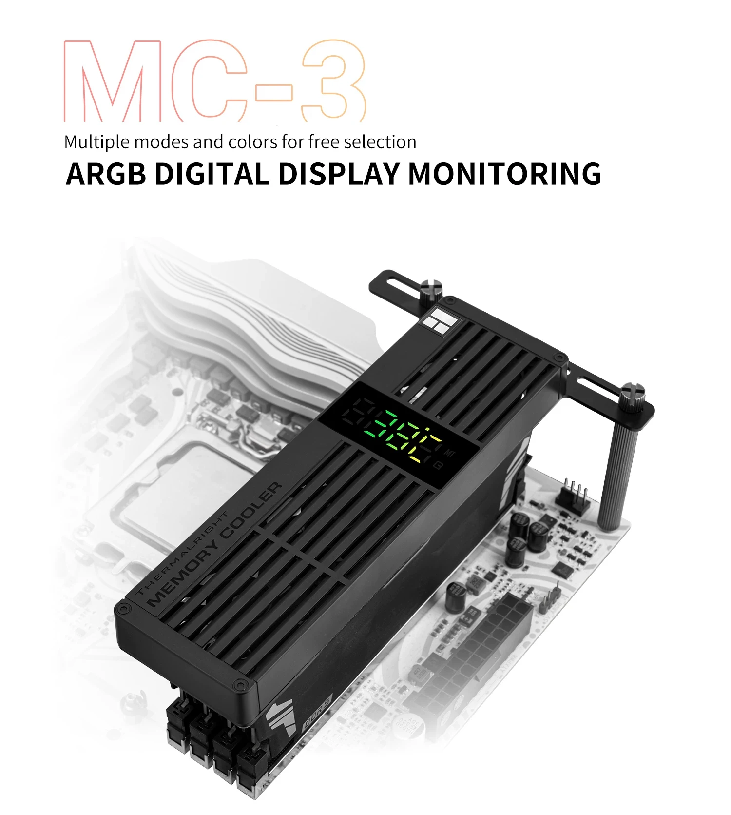 Thermalright MC-3 DIGITAL BLACK Digital Display Screen Memory Heatsink, Suitable for DDR/DDR2/DDR3/DDR4/DDR5, 40x40x10mm Fan X3