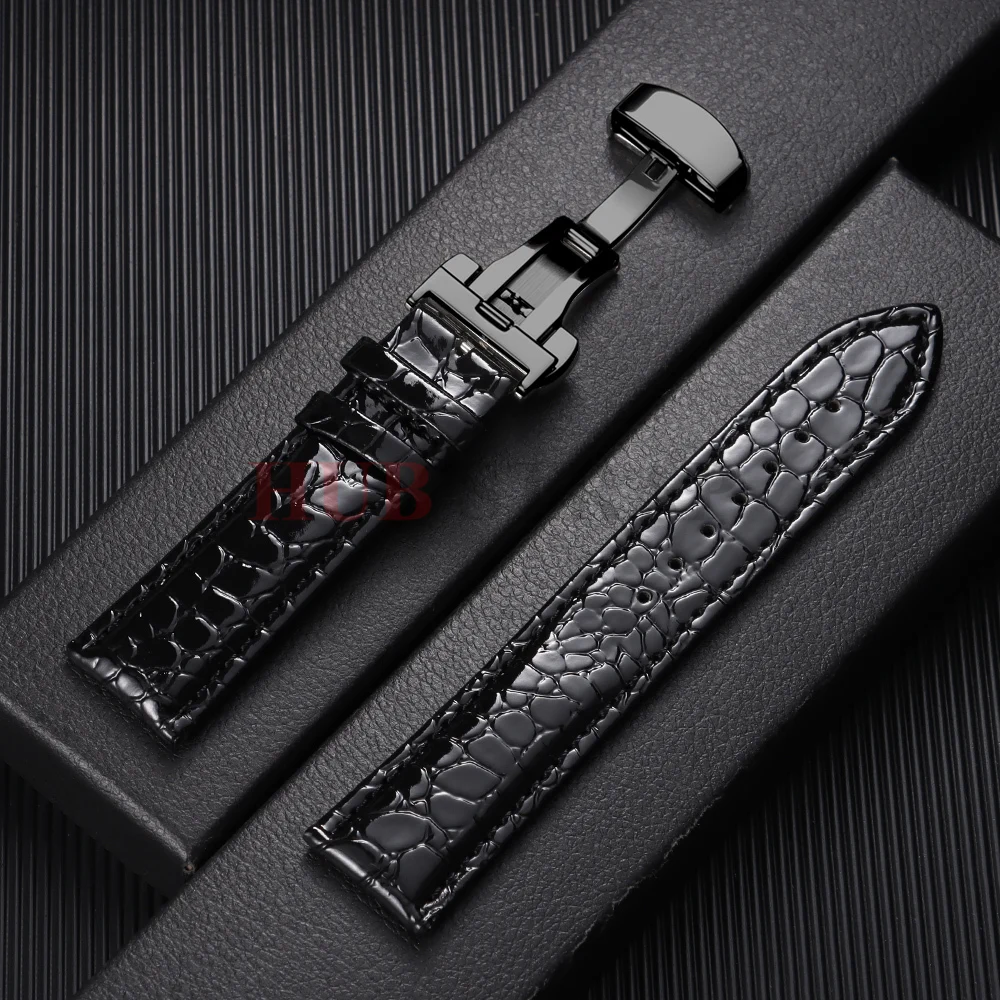 Crocodile Pattern Design Leather Watchbands Automatic Buckle Men Women Business Watch Band 12/14/16/18/19/20/22mm Watch Straps