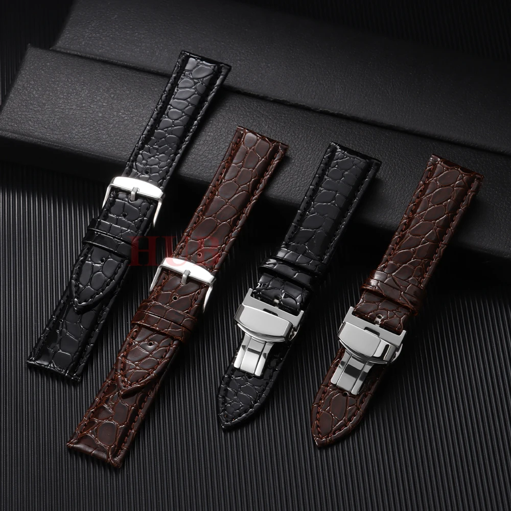 Crocodile Pattern Design Leather Watchbands Automatic Buckle Men Women Business Watch Band 12/14/16/18/19/20/22mm Watch Straps