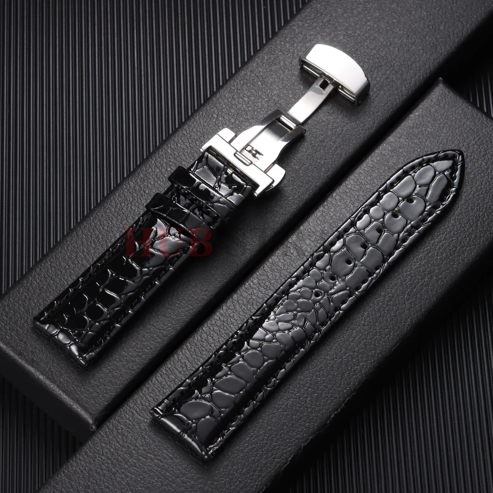 Crocodile Pattern Design Leather Watchbands Automatic Buckle Men Women Business Watch Band 12/14/16/18/19/20/22mm Watch Straps