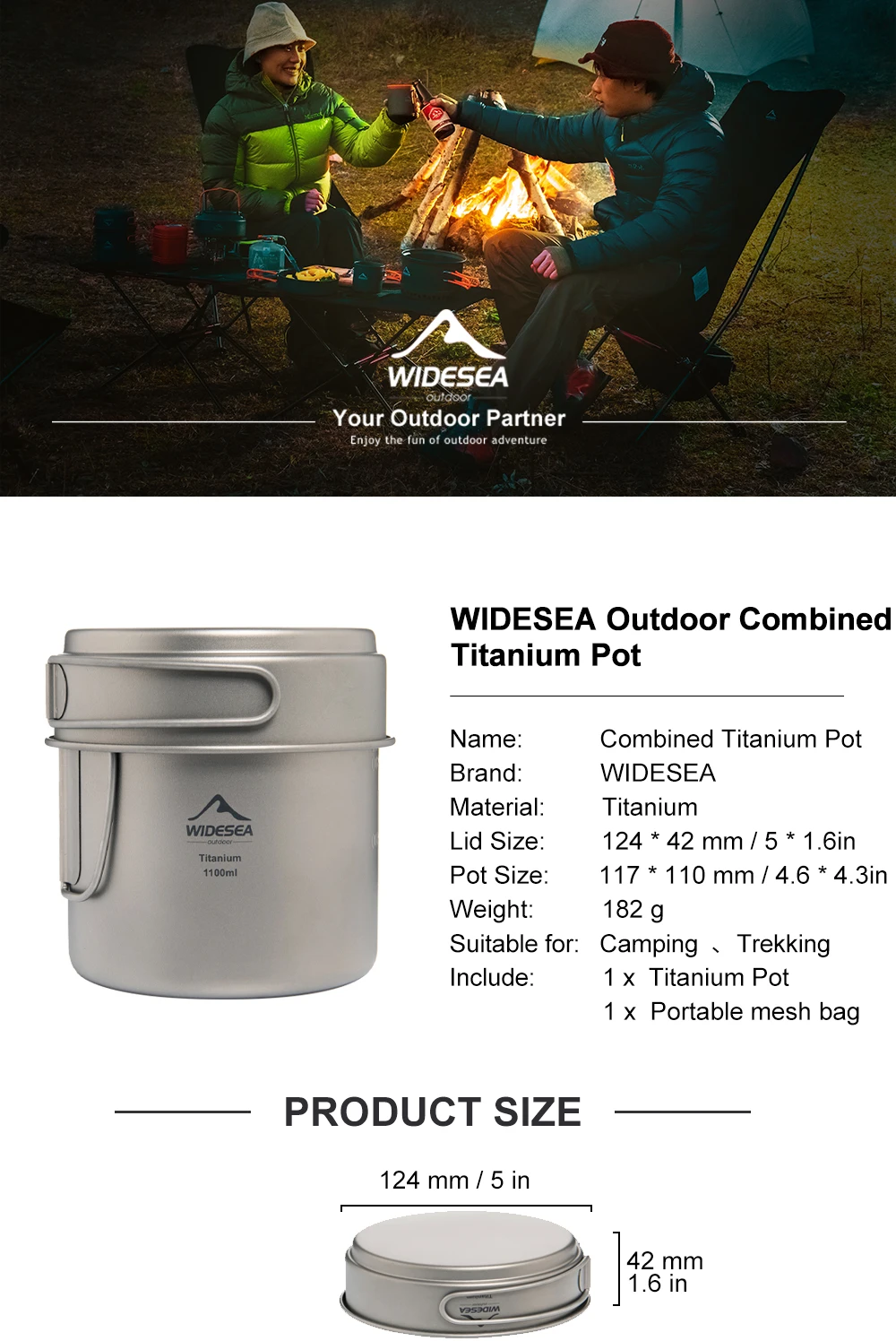 Widesea Ultralight Titanium Camping Pot 1100ml Foldable Handle Portable Outdoor Cookware with Mesh Bag for Backpacking Hiking Tr