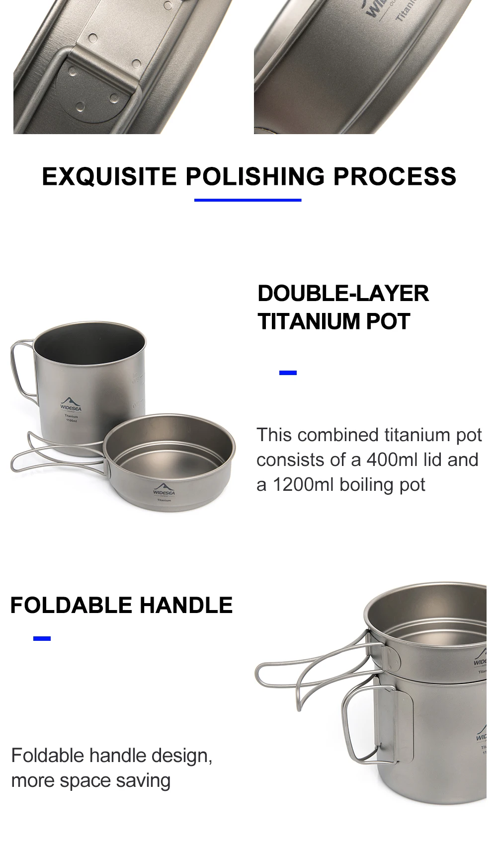 Widesea Ultralight Titanium Camping Pot 1100ml Foldable Handle Portable Outdoor Cookware with Mesh Bag for Backpacking Hiking Tr