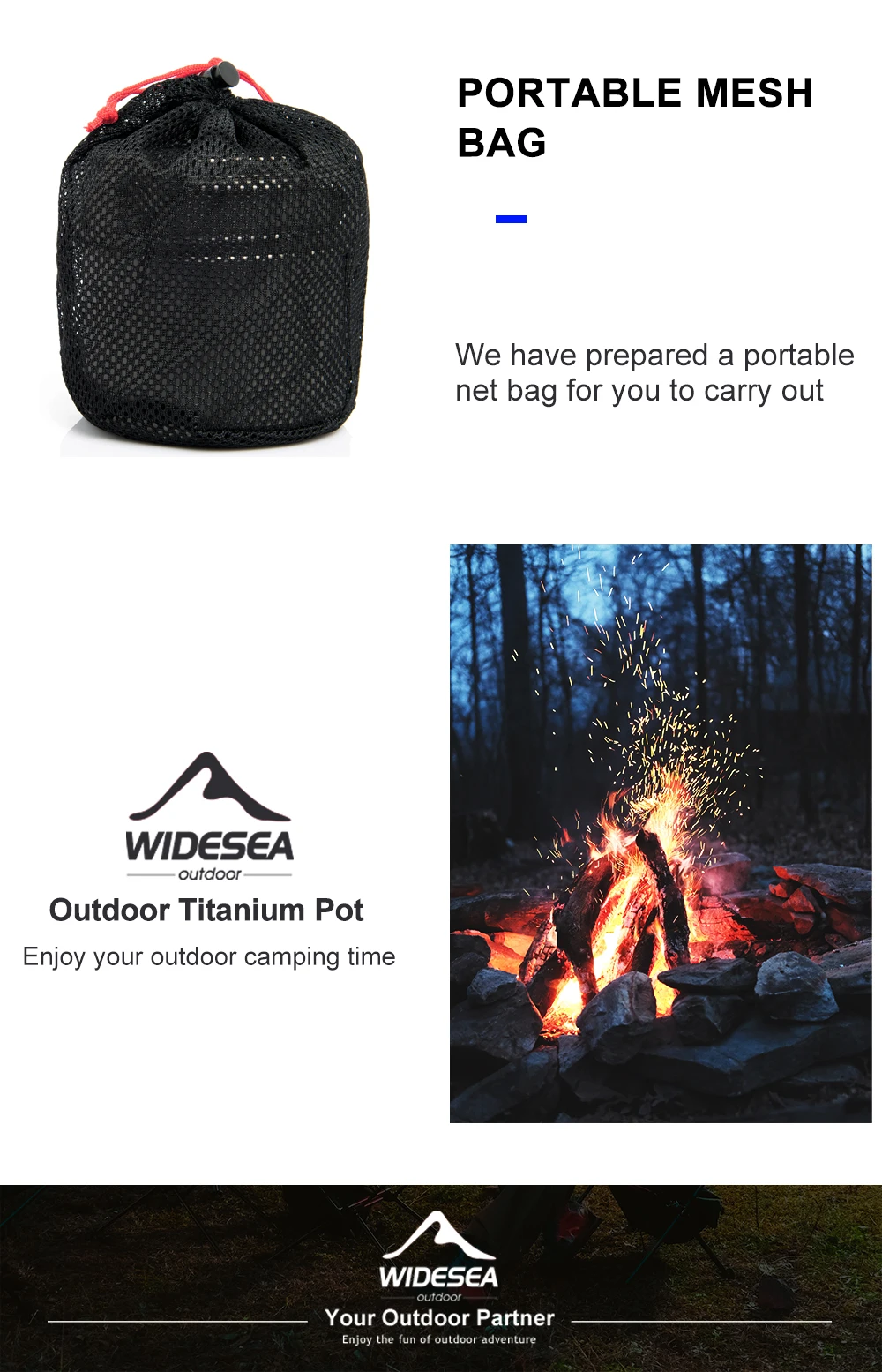 Widesea Ultralight Titanium Camping Pot 1100ml Foldable Handle Portable Outdoor Cookware with Mesh Bag for Backpacking Hiking Tr