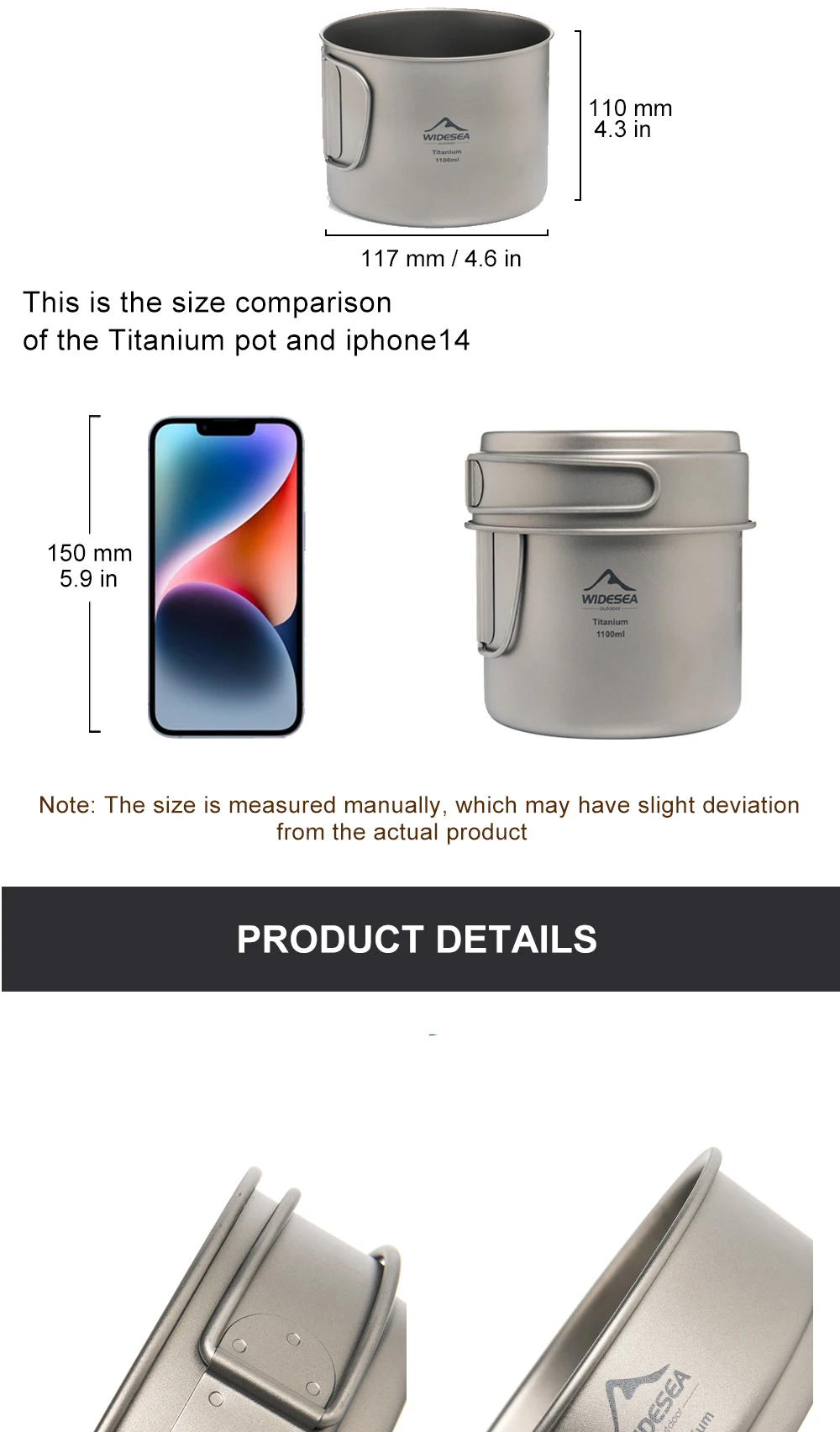 Widesea Ultralight Titanium Camping Pot 1100ml Foldable Handle Portable Outdoor Cookware with Mesh Bag for Backpacking Hiking Tr