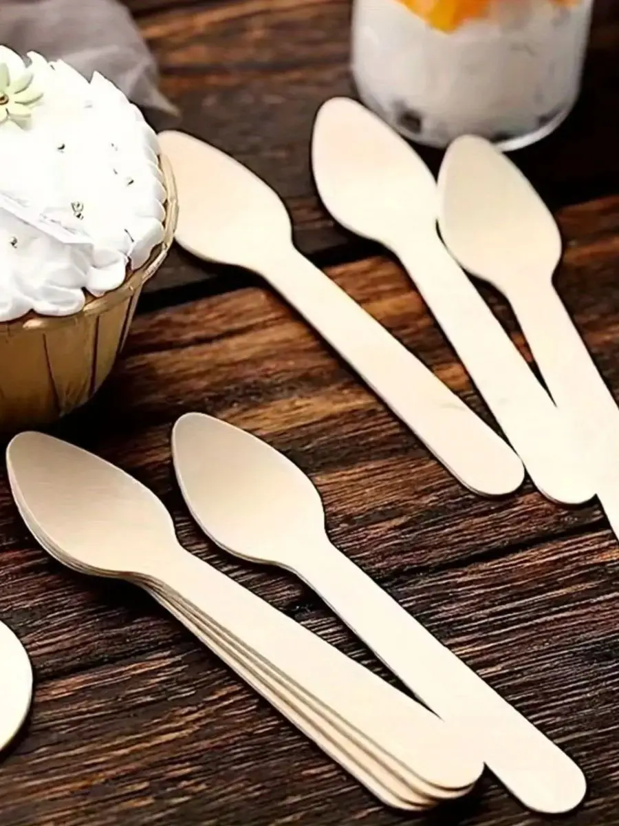 50Pcs Disposable Spoons (Approximately 9.6cm) Wooden Mini Dessert Spoons, Dessert Spoons, Tasting Spoons, Suitable for Parties, Gatherings, Holiday Celebrations, and Can Be Used by Multiple Guests