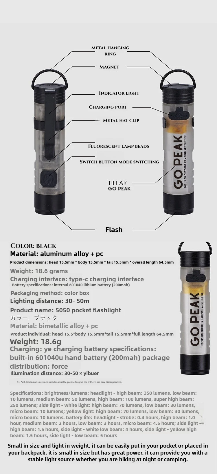 GOPEAK 5050 LED Small Light Key Clip Cap with 7 Colors Outdoor Emergency Pocket Flashlight Long Endurance for Disaster Relief