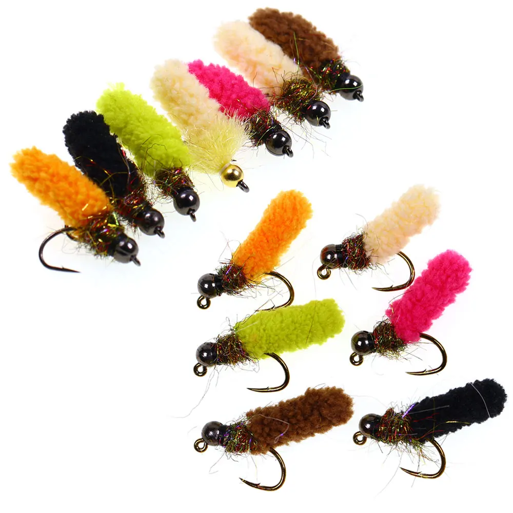 Bimoo 6PCS Brass /Tungsten Bead Head Mop Fly Artificial Crane Fly Caddis Larva Wet Jig Nymph Fly Trout Grayling Fishing Lures