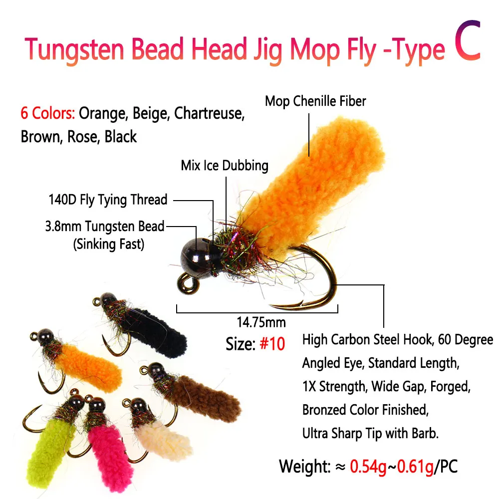 Bimoo 6PCS Brass /Tungsten Bead Head Mop Fly Artificial Crane Fly Caddis Larva Wet Jig Nymph Fly Trout Grayling Fishing Lures