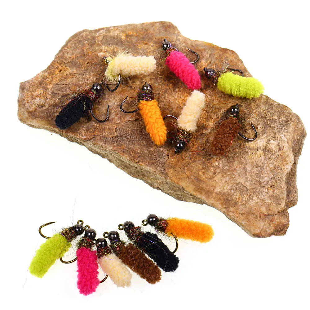Bimoo 6PCS Brass /Tungsten Bead Head Mop Fly Artificial Crane Fly Caddis Larva Wet Jig Nymph Fly Trout Grayling Fishing Lures