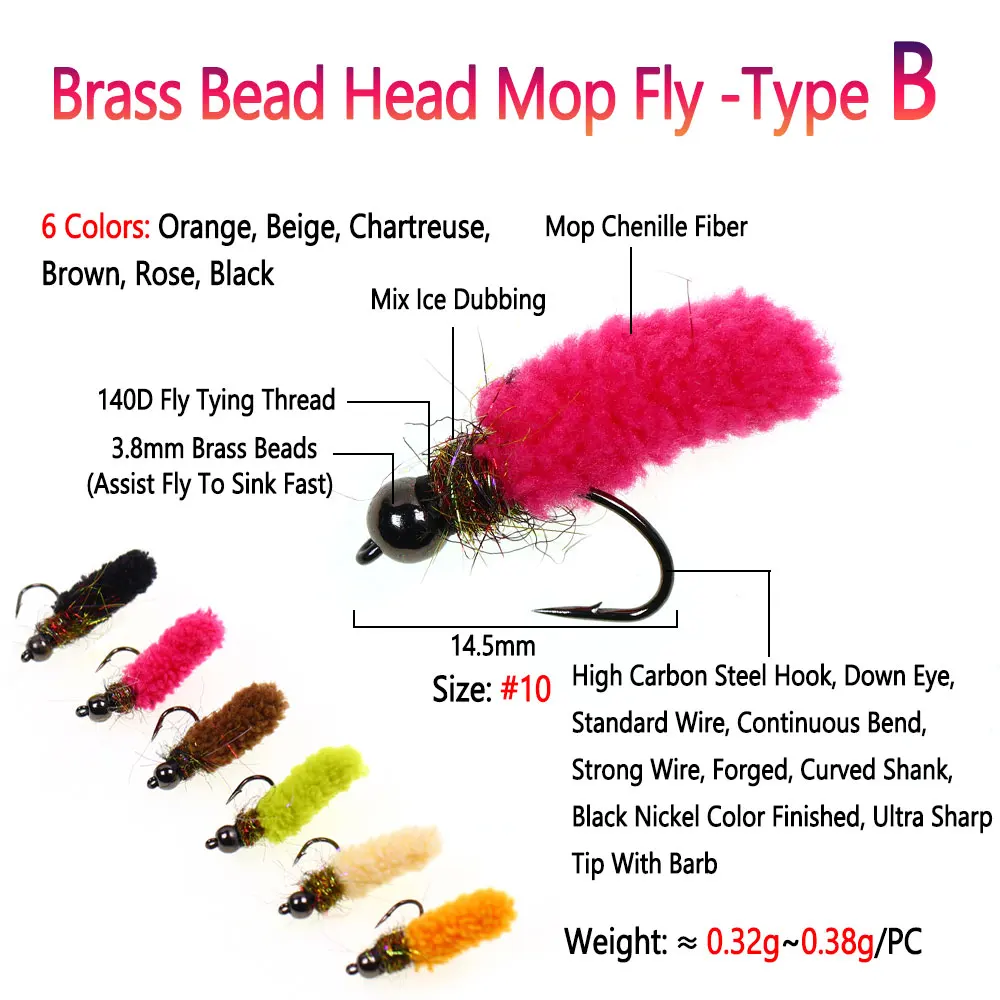Bimoo 6PCS Brass /Tungsten Bead Head Mop Fly Artificial Crane Fly Caddis Larva Wet Jig Nymph Fly Trout Grayling Fishing Lures