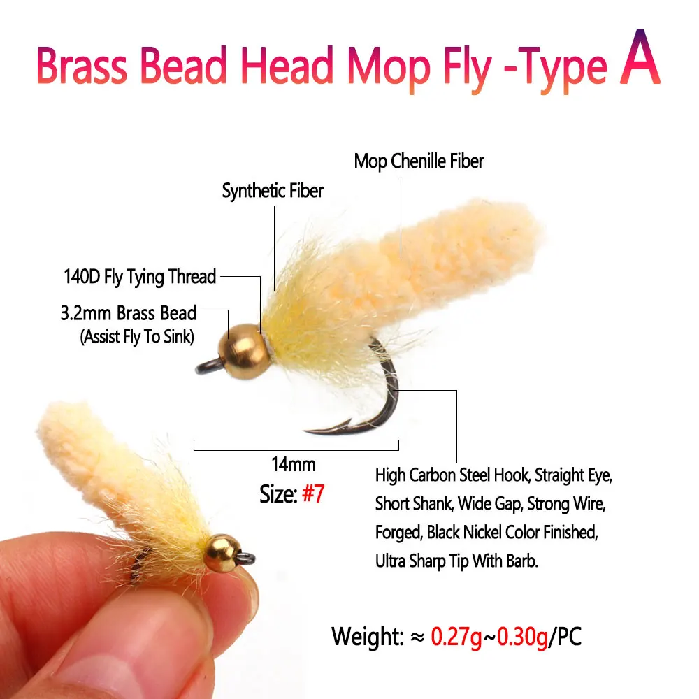 Bimoo 6PCS Brass /Tungsten Bead Head Mop Fly Artificial Crane Fly Caddis Larva Wet Jig Nymph Fly Trout Grayling Fishing Lures
