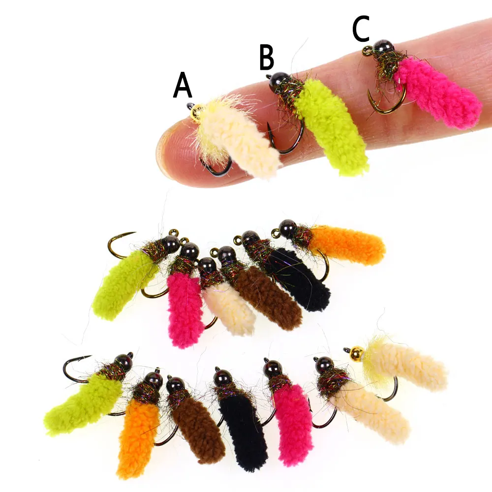 Bimoo 6PCS Brass /Tungsten Bead Head Mop Fly Artificial Crane Fly Caddis Larva Wet Jig Nymph Fly Trout Grayling Fishing Lures