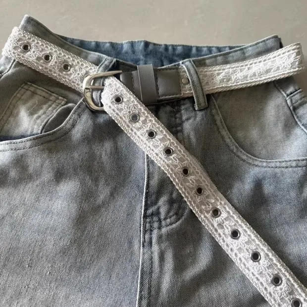 Vintage Lace Canvas Belt for Women Fashionable Metal Buckle Decorative Waistband Retro Jean Accessory Korean Trendy Design 110cm