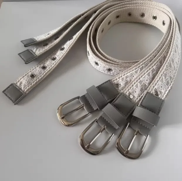 Vintage Lace Canvas Belt for Women Fashionable Metal Buckle Decorative Waistband Retro Jean Accessory Korean Trendy Design 110cm