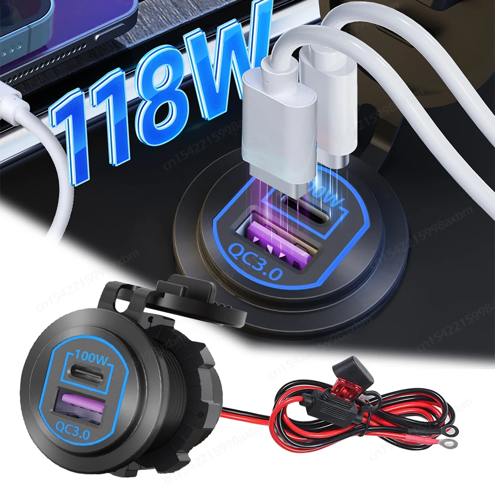 118W Aluminum 12V USB C Laptop Outlet PD 100W Port & QC3.0 18W Car Charger Socket Fast Charging for RV MarineTruck Boat Golf