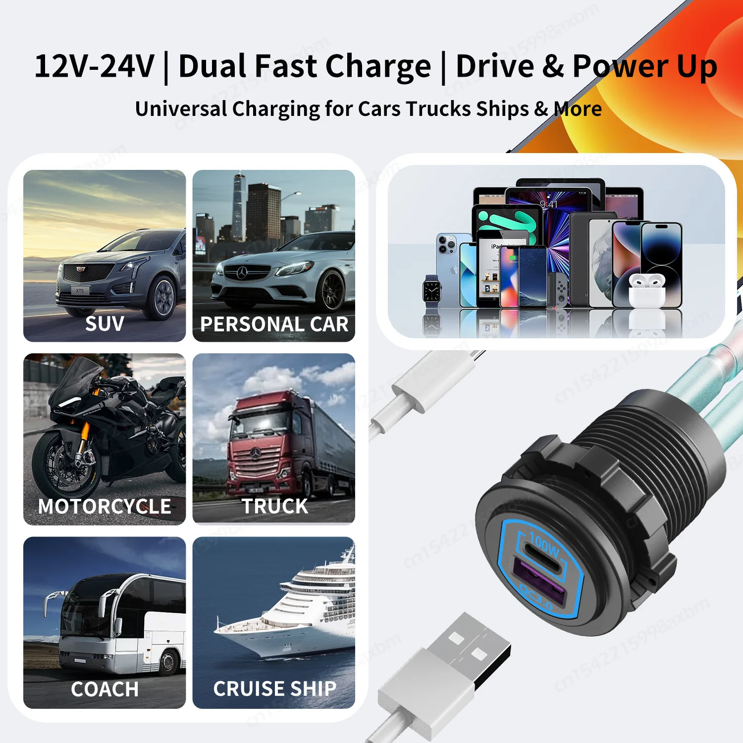 118W Aluminum 12V USB C Laptop Outlet PD 100W Port & QC3.0 18W Car Charger Socket Fast Charging for RV MarineTruck Boat Golf
