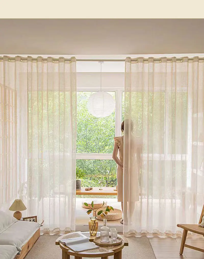 Beige Tulle Cotton Linen Look Sheer Voile Window Curtain for Bedroom or Living Curtains for Dining Room Window