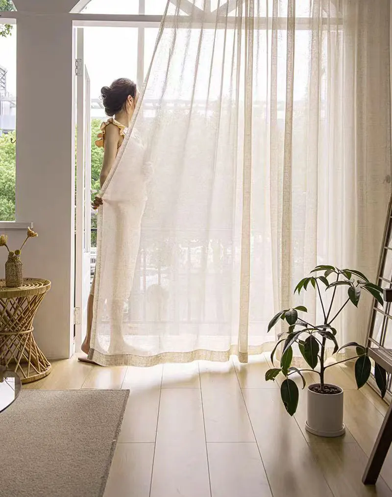 Beige Tulle Cotton Linen Look Sheer Voile Window Curtain for Bedroom or Living Curtains for Dining Room Window