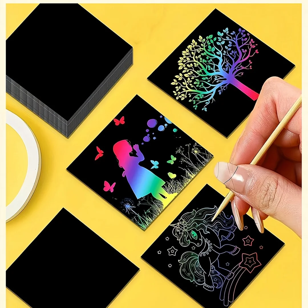 50/100-Piece Scratch Art Kit with Rainbow Magic Paper Tape 2 Bamboo Pens Black Scratch Paper Christmas Birthday Gift Cards