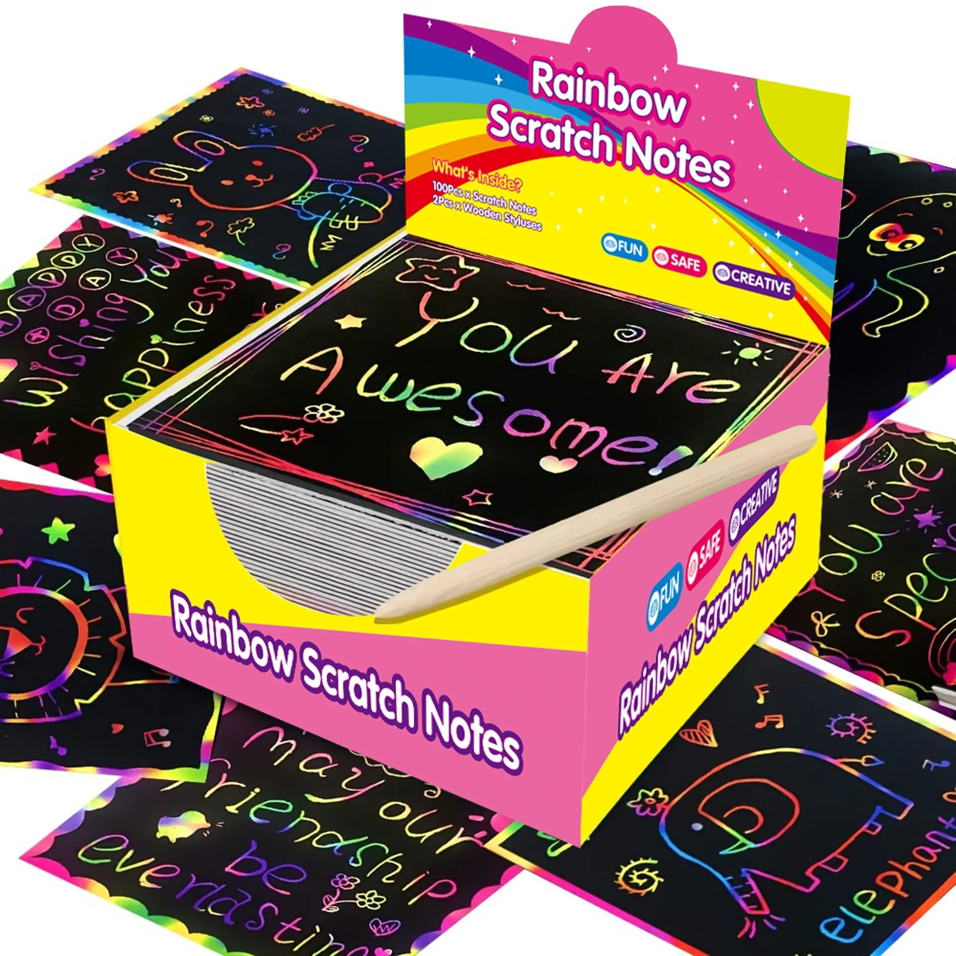 50/100-Piece Scratch Art Kit with Rainbow Magic Paper Tape 2 Bamboo Pens Black Scratch Paper Christmas Birthday Gift Cards
