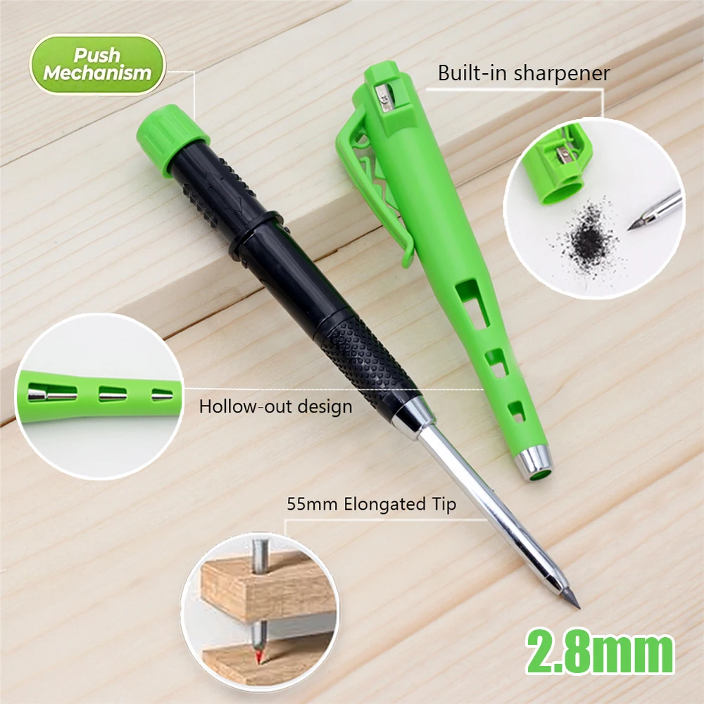 New Creative 55mm Long Head Carpenters Pencil Set With 50Lead Refills, 2.8mm Woodworking Marking Pen Architect Drawing Tool