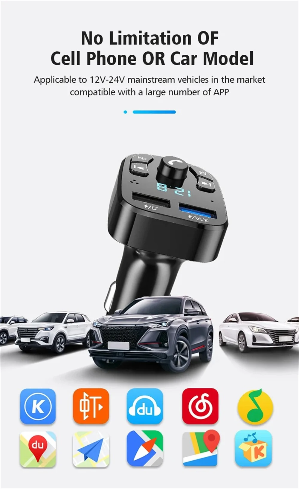 Bluetooth 5.0 FM Transmitter Receiver 3.1A Dual USB Car Fast Phone Charger Adapter Car MP3 Player USB Flash Drive Plug Car Kit