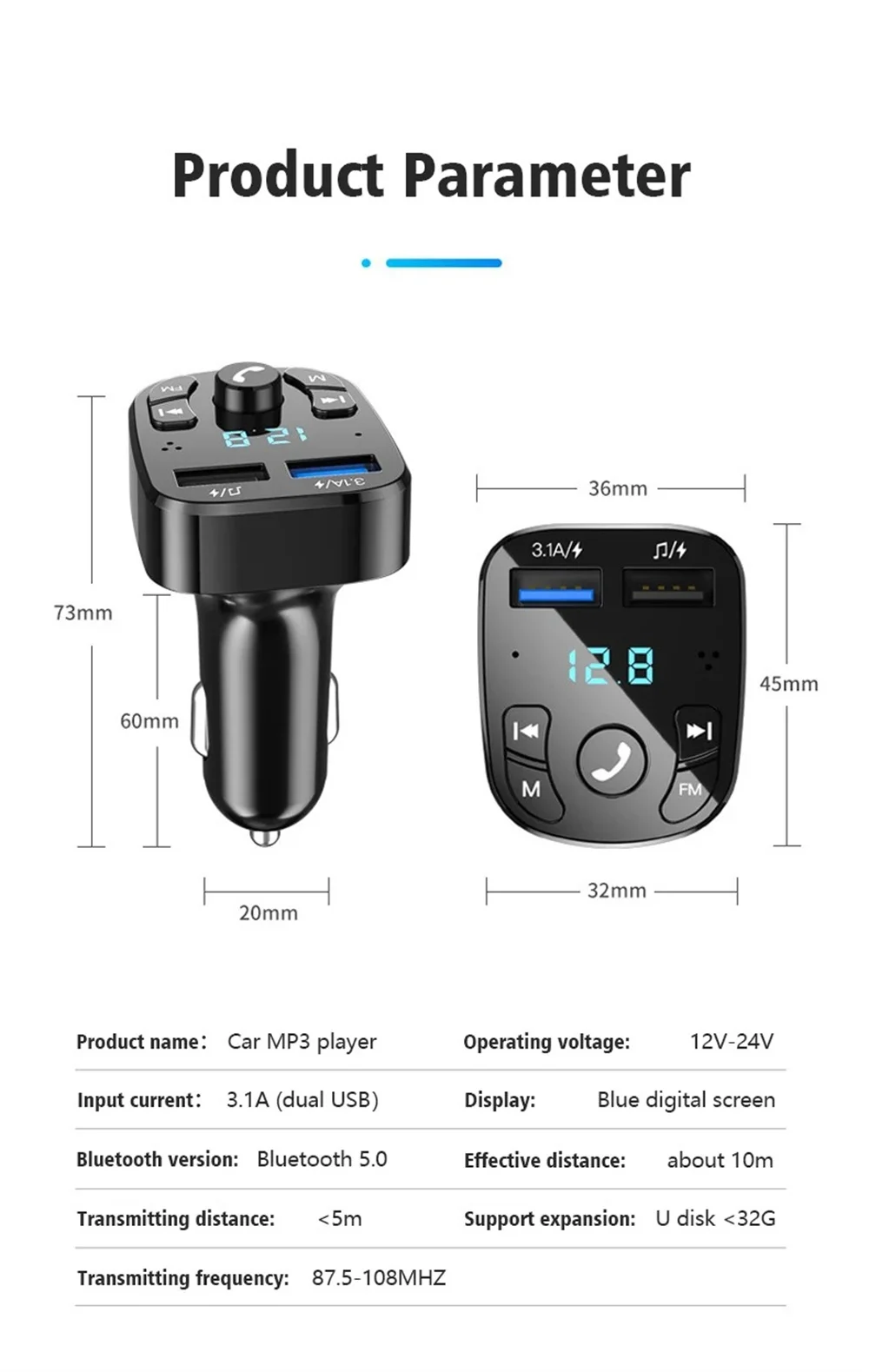 Bluetooth 5.0 FM Transmitter Receiver 3.1A Dual USB Car Fast Phone Charger Adapter Car MP3 Player USB Flash Drive Plug Car Kit