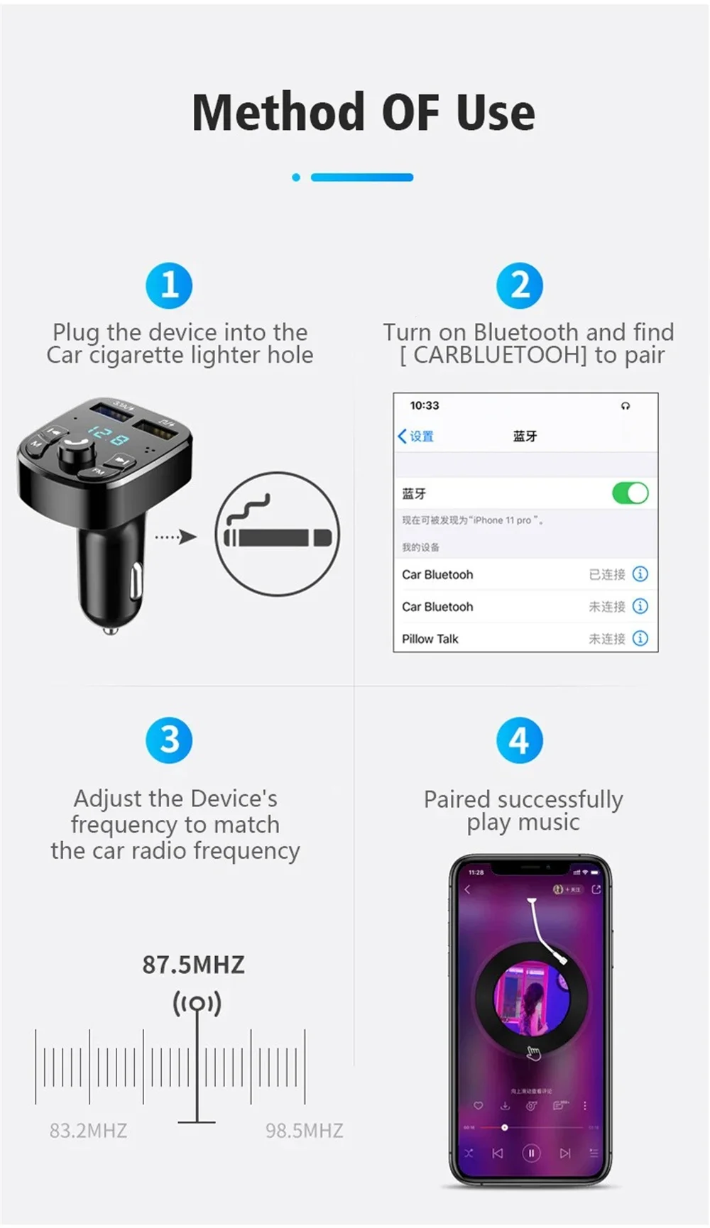 Bluetooth 5.0 FM Transmitter Receiver 3.1A Dual USB Car Fast Phone Charger Adapter Car MP3 Player USB Flash Drive Plug Car Kit