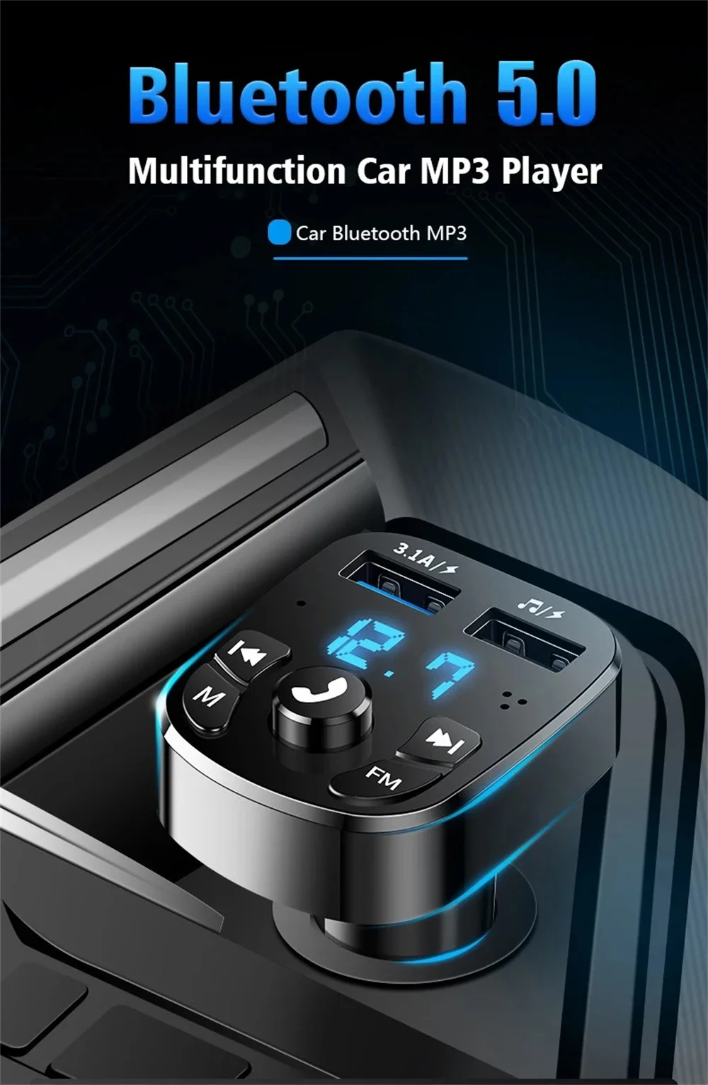Bluetooth 5.0 FM Transmitter Receiver 3.1A Dual USB Car Fast Phone Charger Adapter Car MP3 Player USB Flash Drive Plug Car Kit
