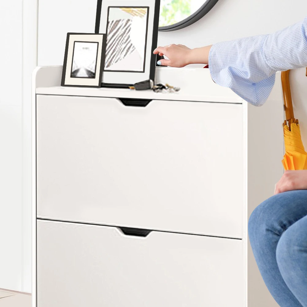 2-Tier Wooden Narrow Shoe Storage Cabinet Space Saving Free-Standing Shoe Cabinet Slimming Shoe Rack for Bedroom Living Room