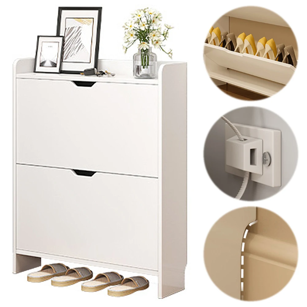 2-Tier Wooden Narrow Shoe Storage Cabinet Space Saving Free-Standing Shoe Cabinet Slimming Shoe Rack for Bedroom Living Room