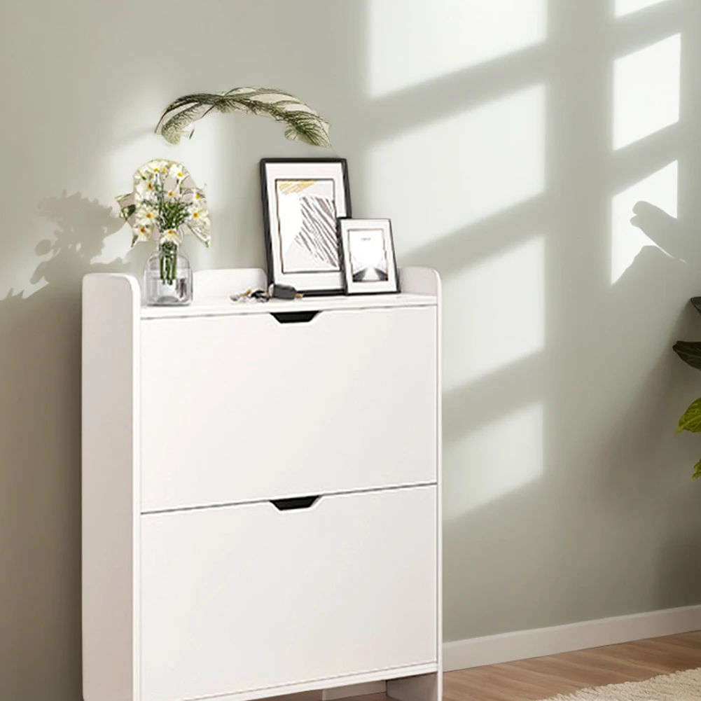 2-Tier Wooden Narrow Shoe Storage Cabinet Space Saving Free-Standing Shoe Cabinet Slimming Shoe Rack for Bedroom Living Room