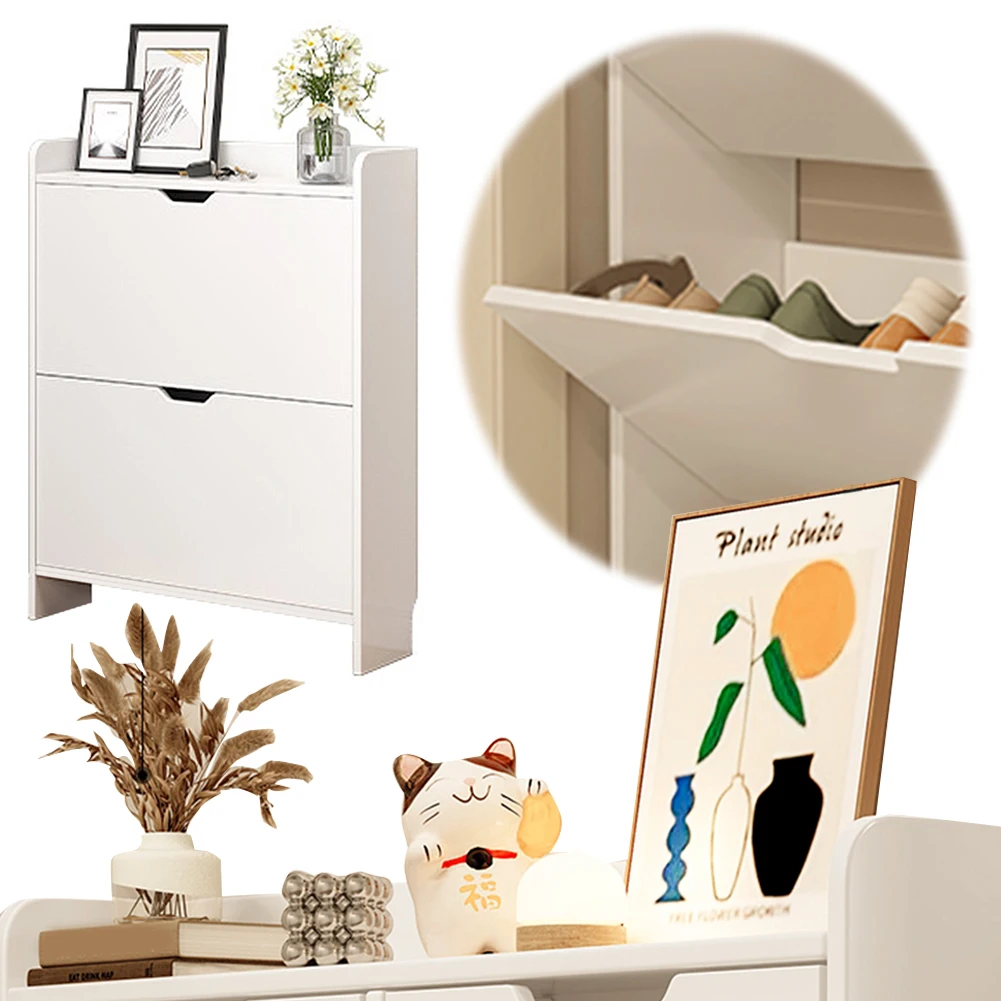 2-Tier Wooden Narrow Shoe Storage Cabinet Space Saving Free-Standing Shoe Cabinet Slimming Shoe Rack for Bedroom Living Room