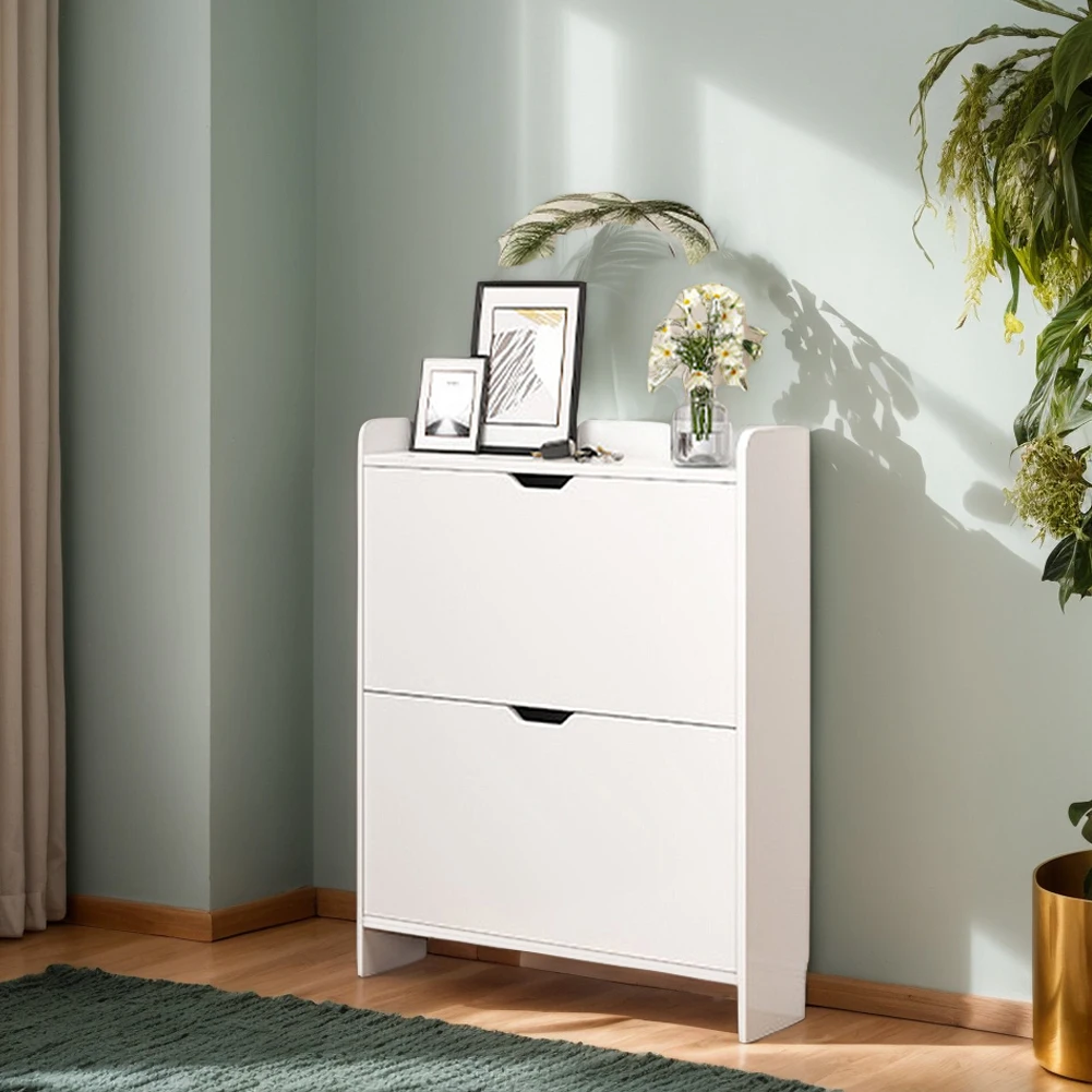 2-Tier Wooden Narrow Shoe Storage Cabinet Space Saving Free-Standing Shoe Cabinet Slimming Shoe Rack for Bedroom Living Room
