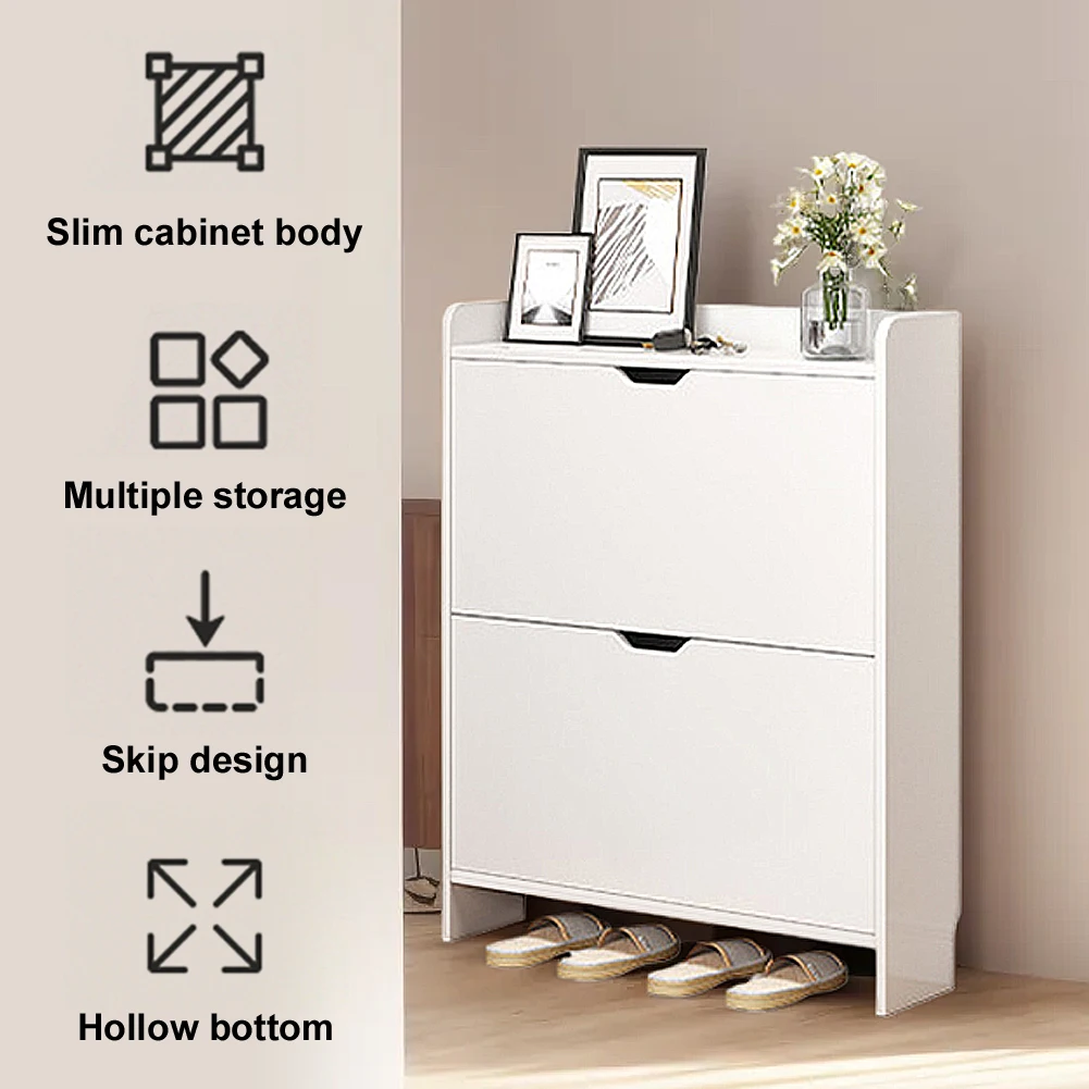 2-Tier Wooden Narrow Shoe Storage Cabinet Space Saving Free-Standing Shoe Cabinet Slimming Shoe Rack for Bedroom Living Room