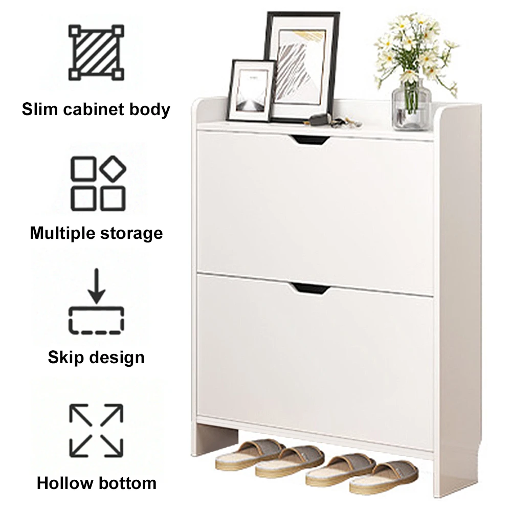 2-Tier Wooden Narrow Shoe Storage Cabinet Space Saving Free-Standing Shoe Cabinet Slimming Shoe Rack for Bedroom Living Room