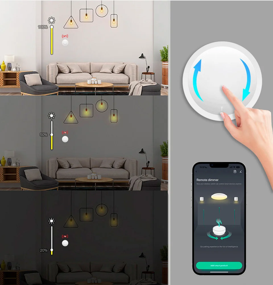 Tuya Wireless Smart Knob, Zigbee Protocol, Tuya Gateway Required, App Dimming & Scene Control, Z2M Supported for Smart Home